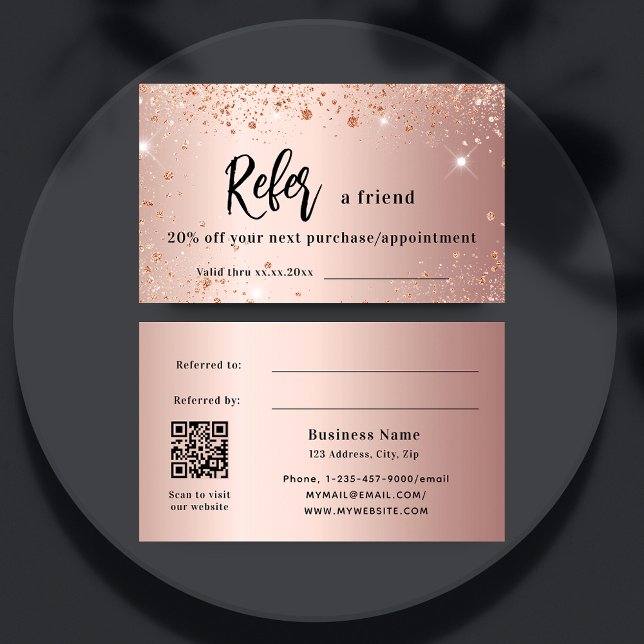Rose gold sparkles qr code business referral card (Creator Uploaded)