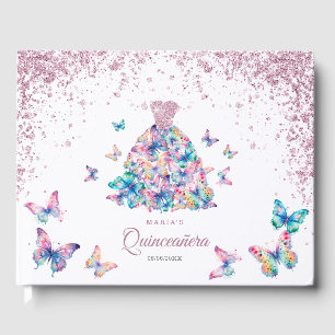 Rose Gold Sparkling Butterflies Gown Quinceanera Guest Book