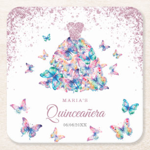 Rose Gold Sparkling Butterflies Gown Quinceanera Square Paper Coaster