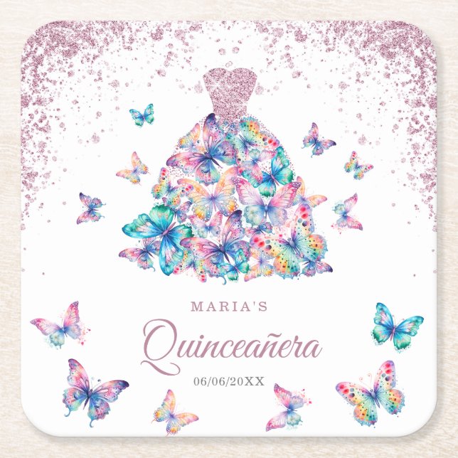 Rose Gold Sparkling Butterflies Gown Quinceanera Square Paper Coaster (Front)