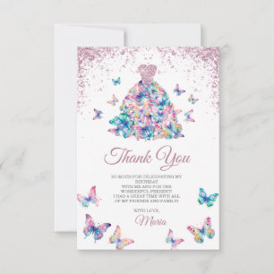 Rose Gold Sparkling Butterflies Gown Quinceanera Thank You Card