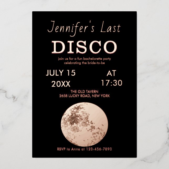 Rose gold sparkling disco ball Bride's last disco (Front)