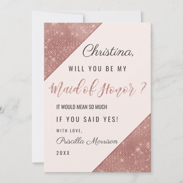 Rose Gold Sparkling Glitter Sequin Maid of Honour Invitation (Front)