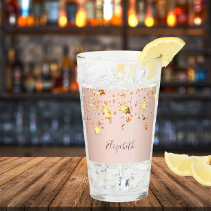 Rose gold sparkling golden stars glam pink name glass