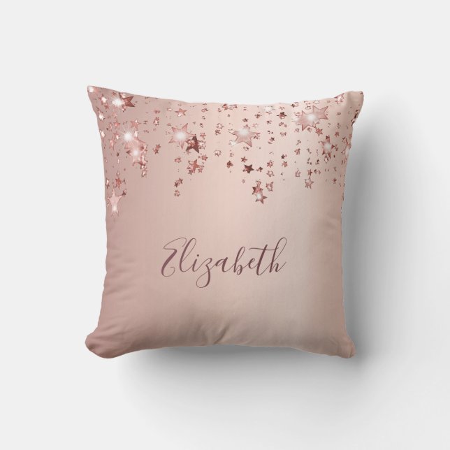 Rose gold sparkling stars girly pink metallic name cushion (Front)