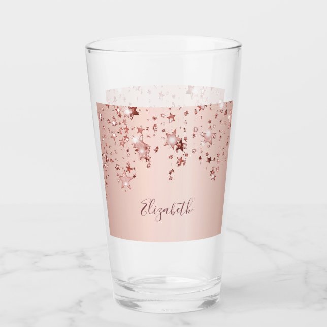 Rose gold sparkling stars glam pink name glass (Front)