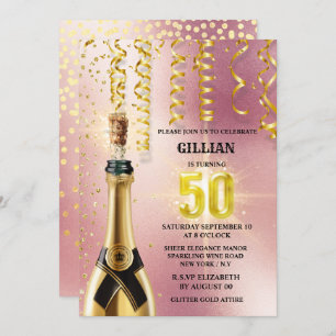 Rose gold sparkling wine glitter shimmer streamers invitation