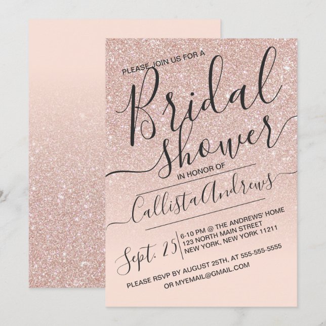 Rose Gold Sparkly Faux Glitter Ombre Bridal Shower Invitation (Front/Back)