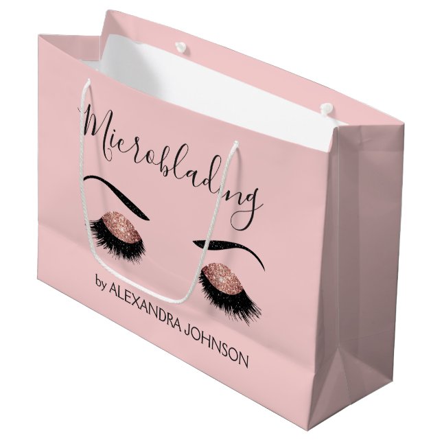 Rose Gold Sparkly Glitter Modern Microblading Large Gift Bag (Front Angled)