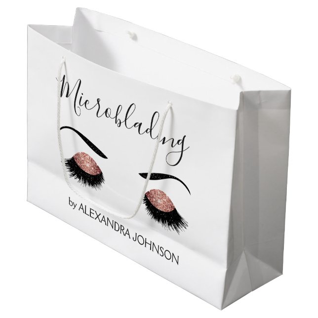 Rose Gold Sparkly Glitter Modern Microblading Large Gift Bag (Front Angled)