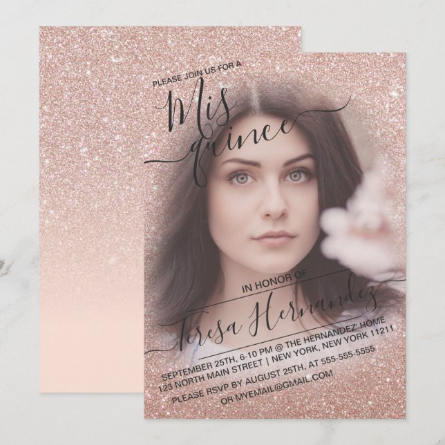 Rose Gold Sparkly Glitter Ombre Photo Quinceañera Invitation (Front/Back)