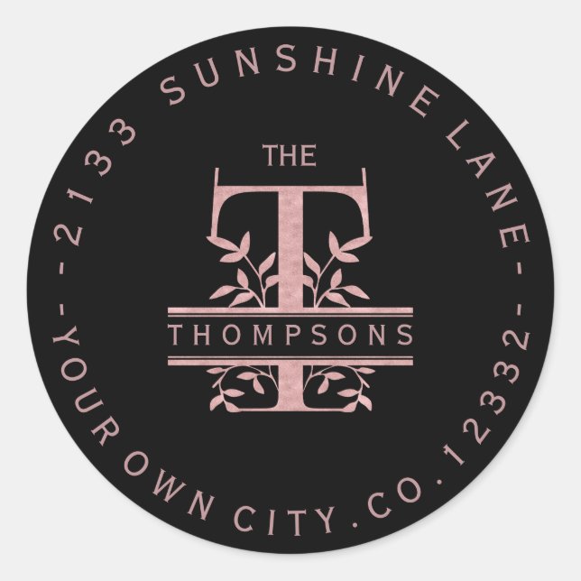 Rose Gold Split Custom Monogram T U W Y X Z Classic Round Sticker (Front)