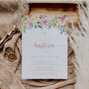 Rose Gold Spring Floral Baptism   Invitation