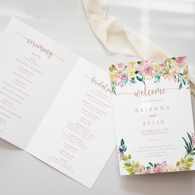 Rose Gold Spring Floral Folded Wedding Programme (Creator Uploaded)