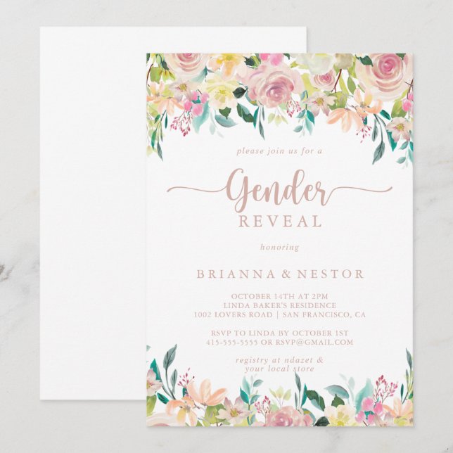 Rose Gold Spring Floral Gender Reveal Party  Invitation (Front/Back)