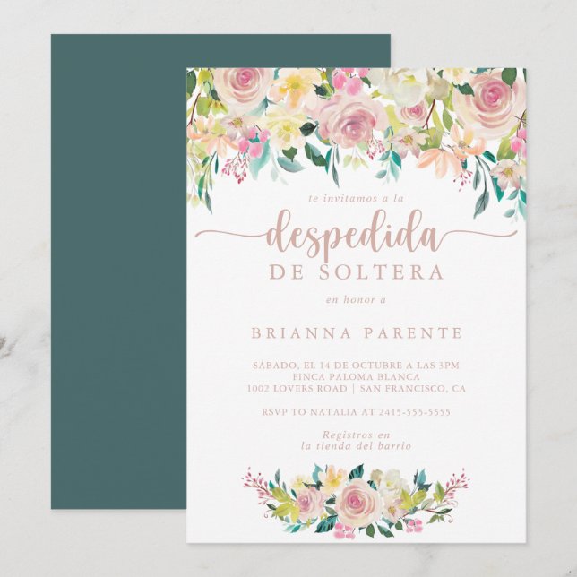 Rose Gold Spring Floral Spanish Bridal Shower  Invitation (Front/Back)