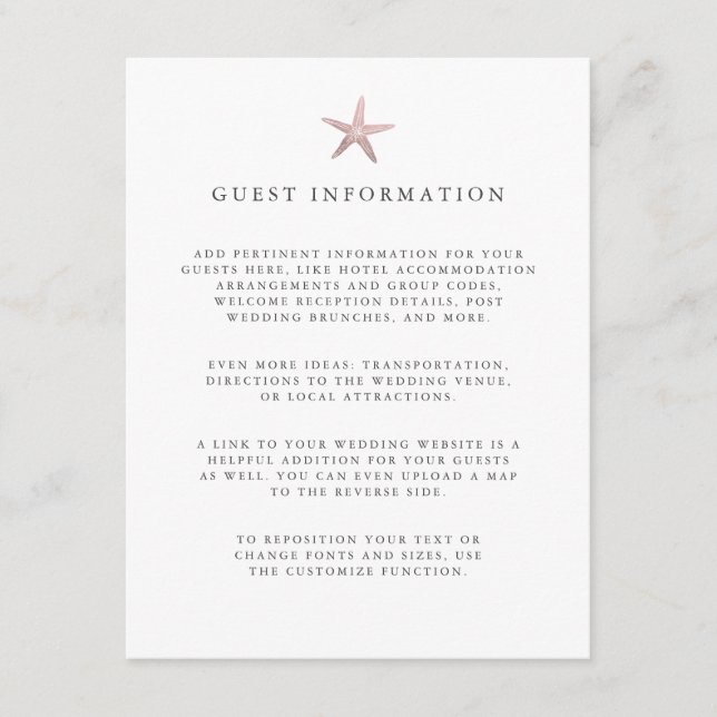 Rose Gold Starfish coastal wedding guest Details Enclosure Card (Front)