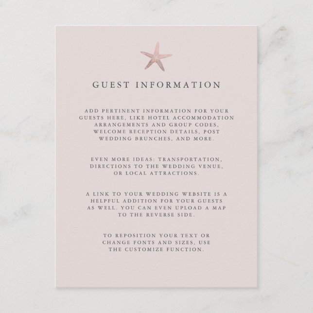 Rose Gold Starfish coastal wedding guest Details Enclosure Card (Front)