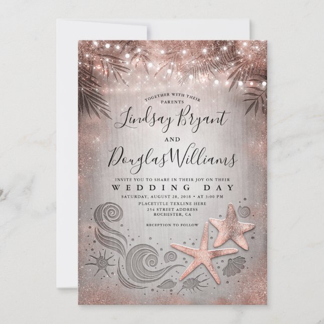 Rose Gold Starfish Couple Tropical Beach Wedding Invitation (Front)