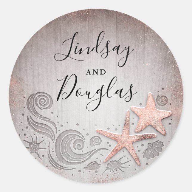 Rose Gold Starfish Nautical Beach Wedding Classic Round Sticker (Front)