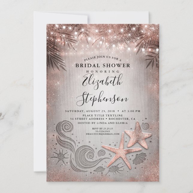 Rose Gold Starfish Tropical Beach Bridal Shower Invitation (Front)