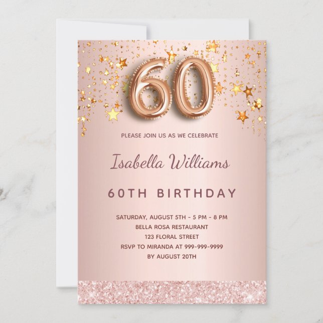 Rose gold stars 60th birthday invitation (Front)