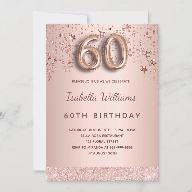 Rose gold stars 60th birthday invitation (Front)