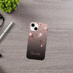Rose gold stars black name iPhone 16 case<br><div class="desc">An elegant,  girly,  glam phone case. Rose gold stars.   Black,  brown,  coffee latte coloured ombre,  gradient background. Personalise and add your name,  written with a modern hand lettered style script. Rose gold coloured letters.</div>