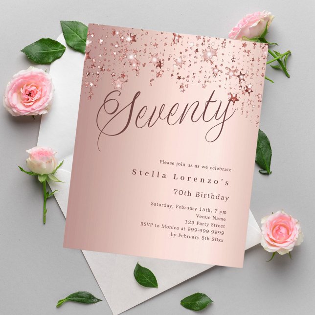 Rose gold stars budget 70th birthday invitation (Creator Uploaded)