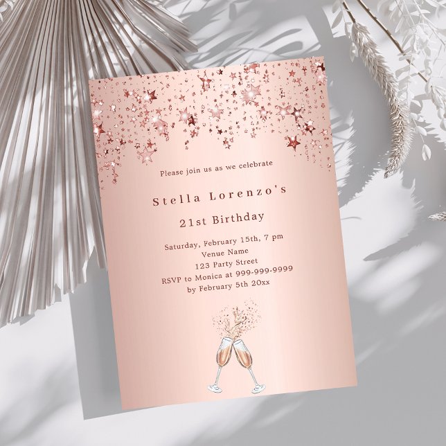 Rose gold stars cheers birthday invitation (Creator Uploaded)