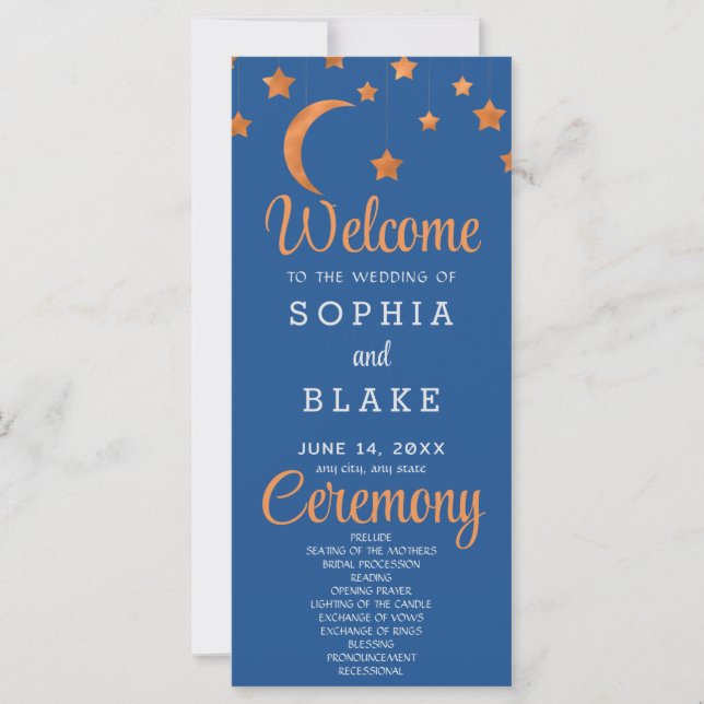 Rose Gold Stars Crescent Moon Blue Wedding Program (Front)