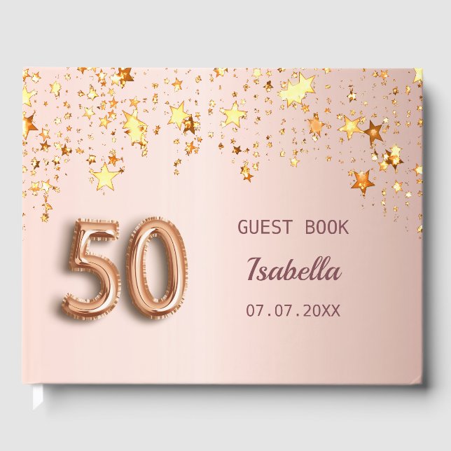 Rose gold stars elegant 50th birthday guest book (Front)
