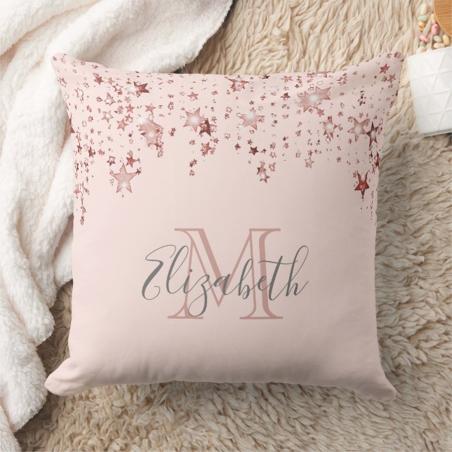 Rose gold stars girly pink monogram name cushion (Blanket)