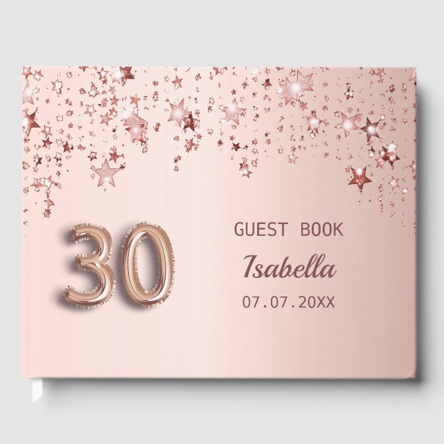 Rose gold stars name 30th birthday guest book (Front)