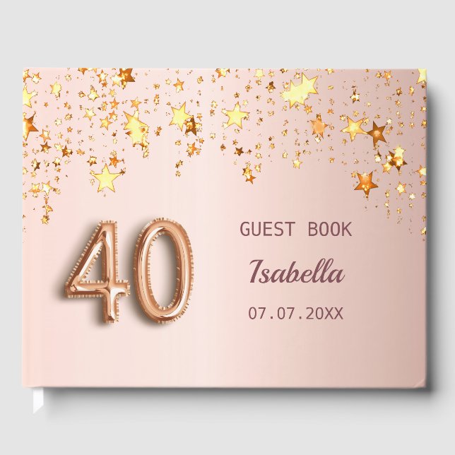 Rose gold stars name 40th birthday guest book (Front)
