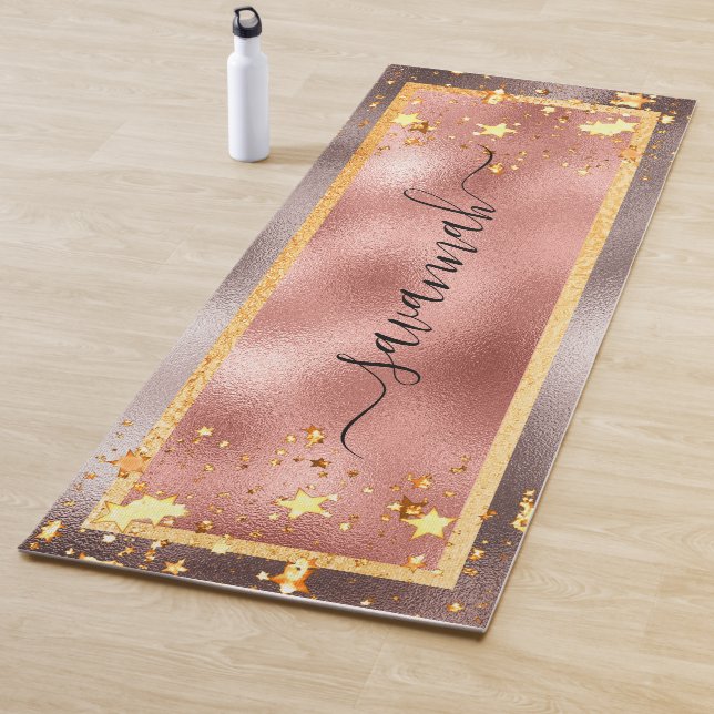 Rose gold stars name script glamourous yoga mat (In Situ)