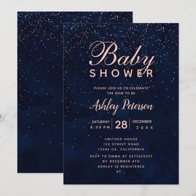 Rose gold stars navy blue watercolor baby shower invitation (Front/Back)