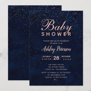Rose gold stars navy blue watercolor baby shower invitation