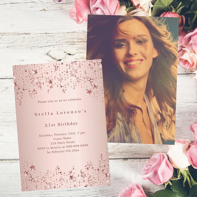 Rose gold stars photo birthday invitation (Creator Uploaded)