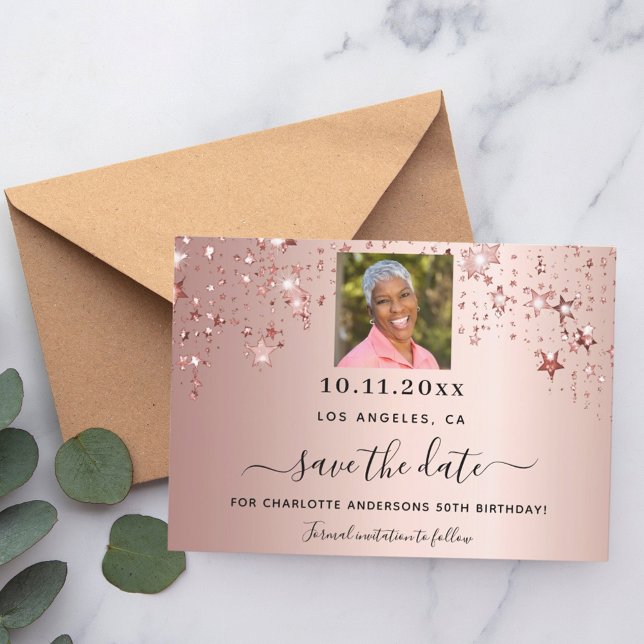 Rose gold stars photo birthday save the date (Creator Uploaded)