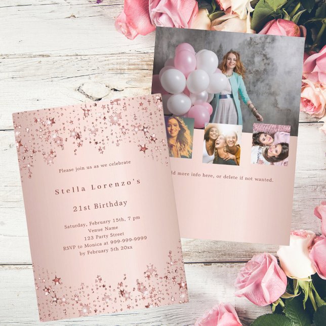 Rose gold stars photo collage birthday invitation (Creator Uploaded)