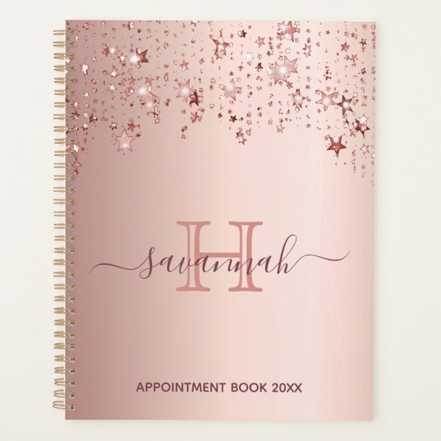 Rose gold stars pink sparkle monogram planner (Front)