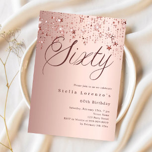 Rose gold stars script 60th birthday invitation