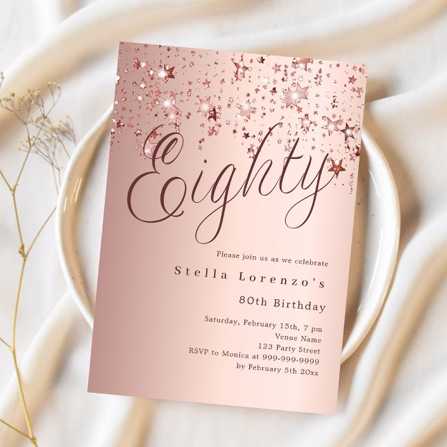 Rose gold stars script luxury 80th birthday invitation (Creator Uploaded)