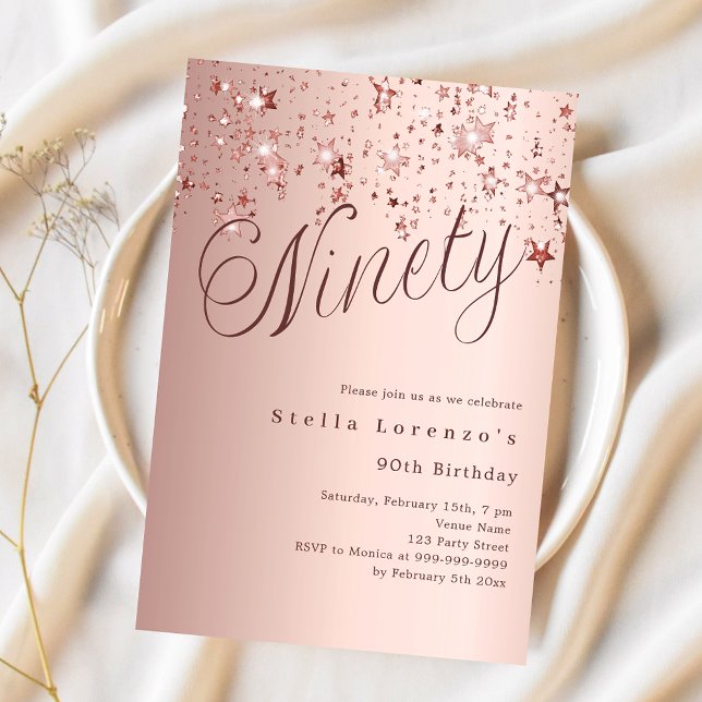 Rose gold stars script luxury 90th birthday invitation (Creator Uploaded)