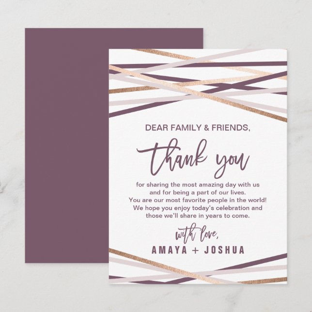 Rose Gold Streamers Thank You Reception Card (Front/Back)