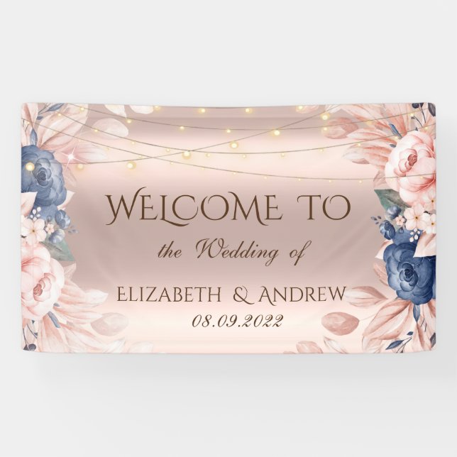 Rose Gold String Lights Blue Roses Wedding  Banner (Horizontal)