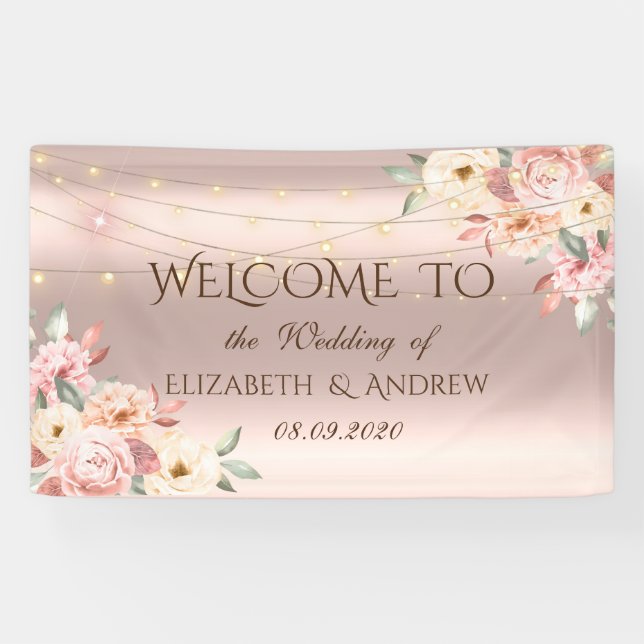Rose Gold String Lights Roses Wedding Banner (Horizontal)