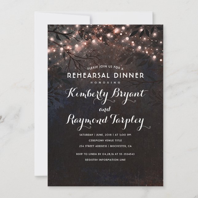 Rose Gold String Lights Rustic Rehearsal Dinner Invitation (Front)