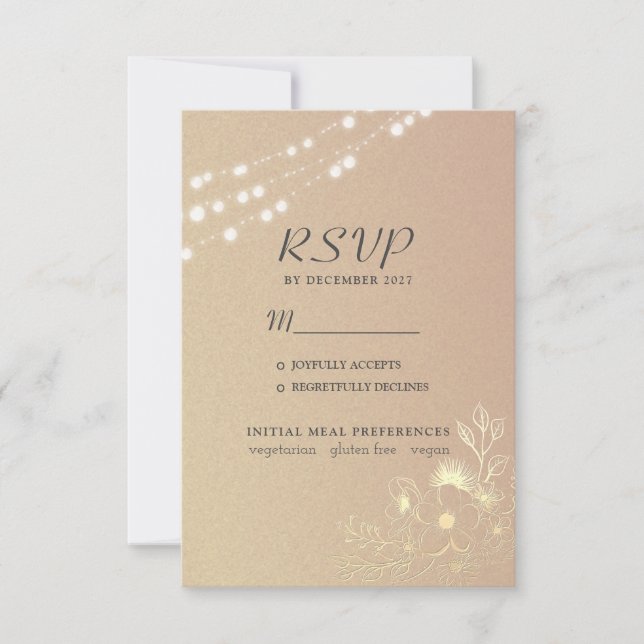 Rose Gold String Lights Wedding RSVP Card (Front)